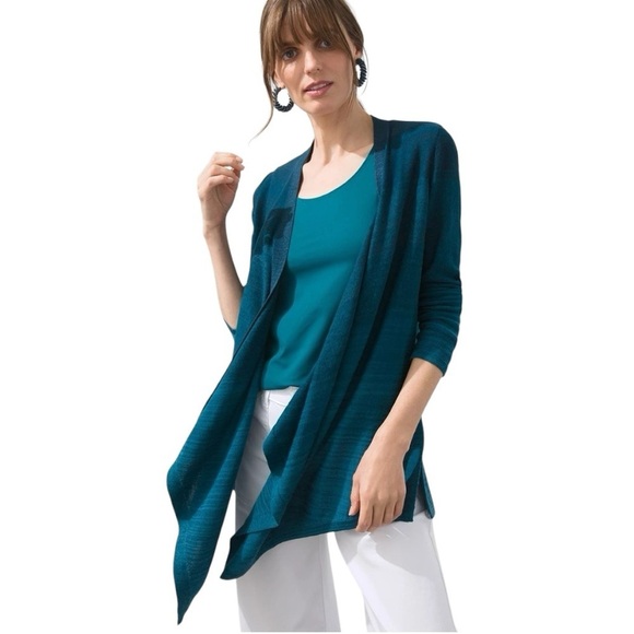 Chico’s Drape Ombré Cardigan Open Front Cotton Blend Blue Sz 3/XL - Picture 1 of 11
